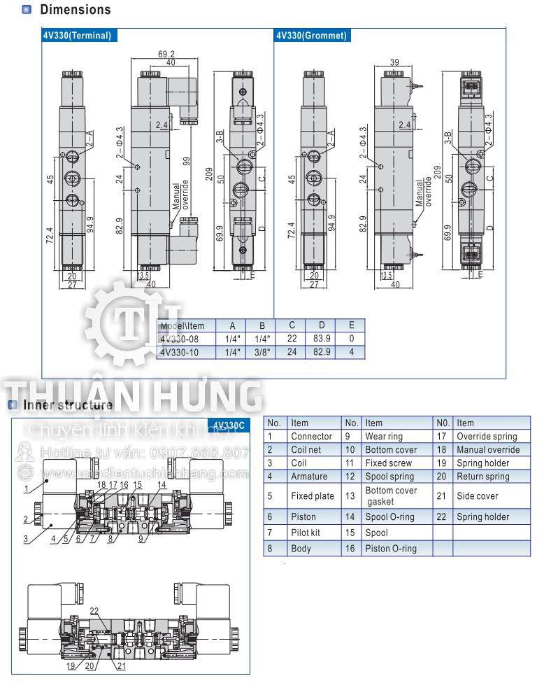 Kích thước và cấu tạo của van điện từ khí nén AIRTAC 4V330-10