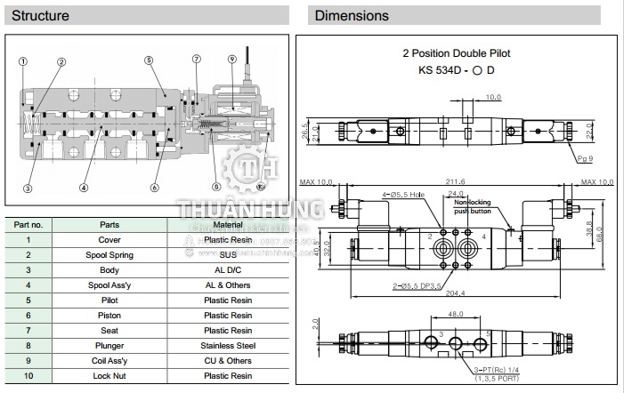 Thông số kỹ thuật và kích thước của van điện từ khí nén 5/2 KCC KS534D