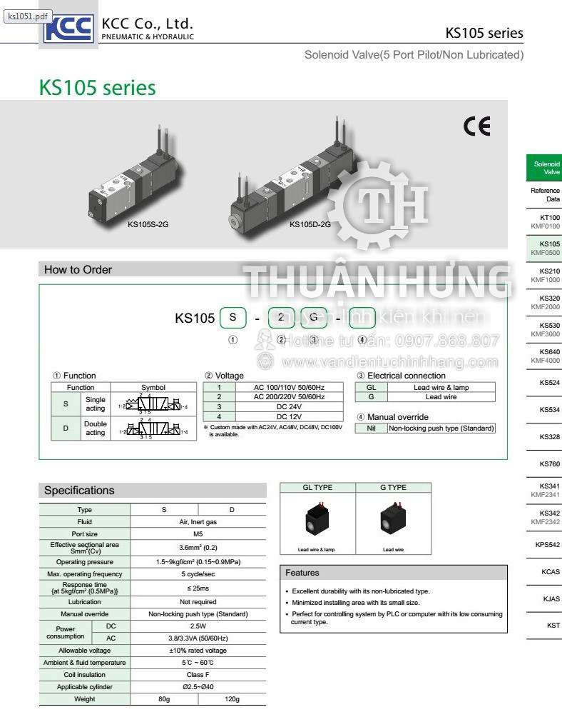 Thông số kỹ thuật và ký hiệu của van Điện Từ Khí Nén 5/2 KCC KS105S