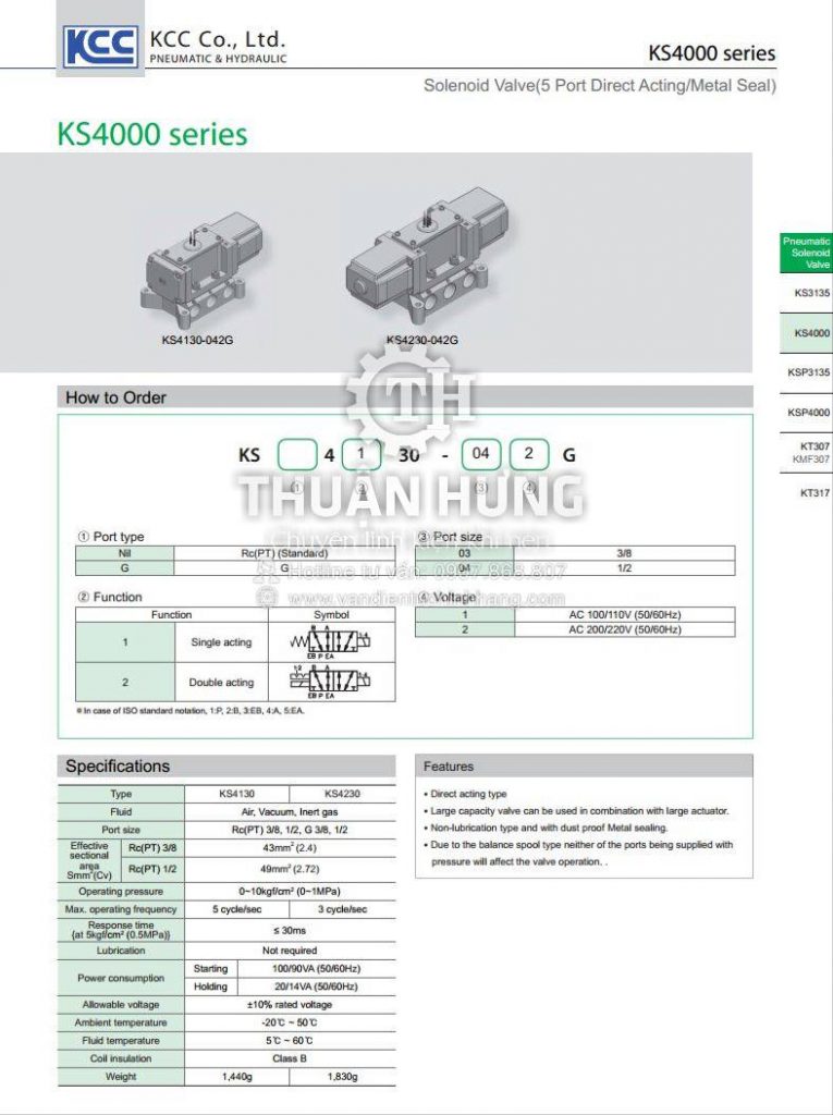 Thông số kỹ thuật và tính năng của van điện từ khí nén 5/3 KCC KS4330-042G