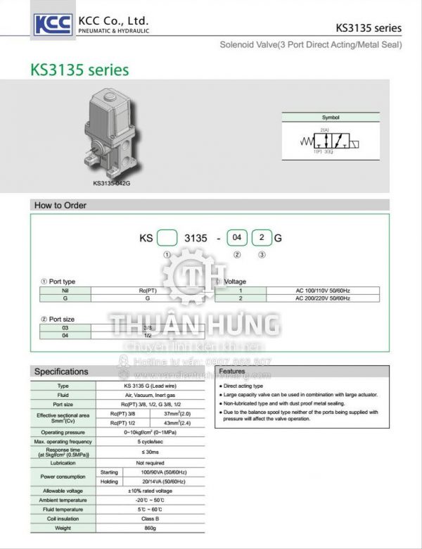 Thông số kỹ thuật và tính năng của van điện từ khí nén 3/2 KCC KS3135-042G