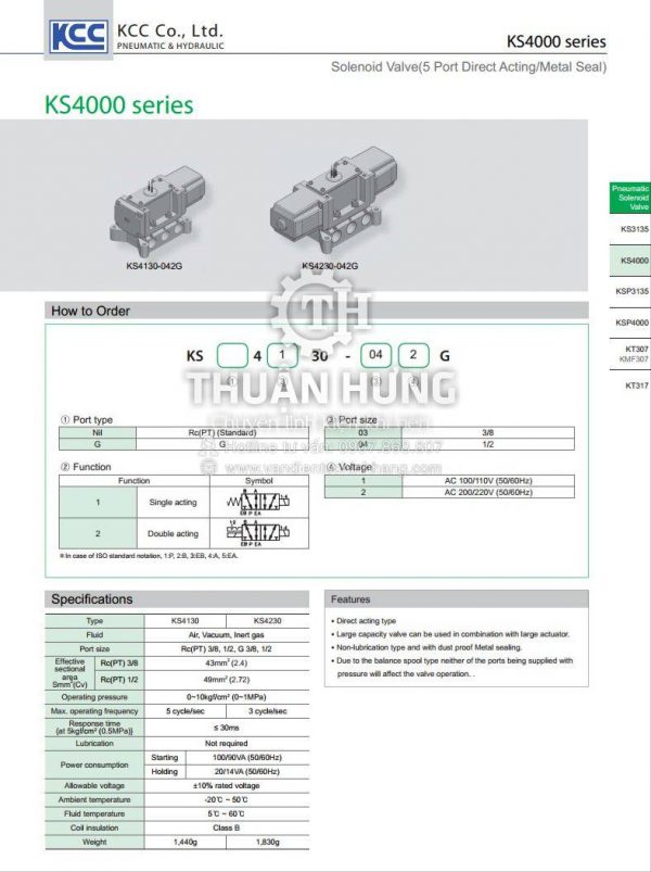 Thông số kỹ thuật và tính năng của van điện từ khí nén 5/2 KCC KS4130-042G