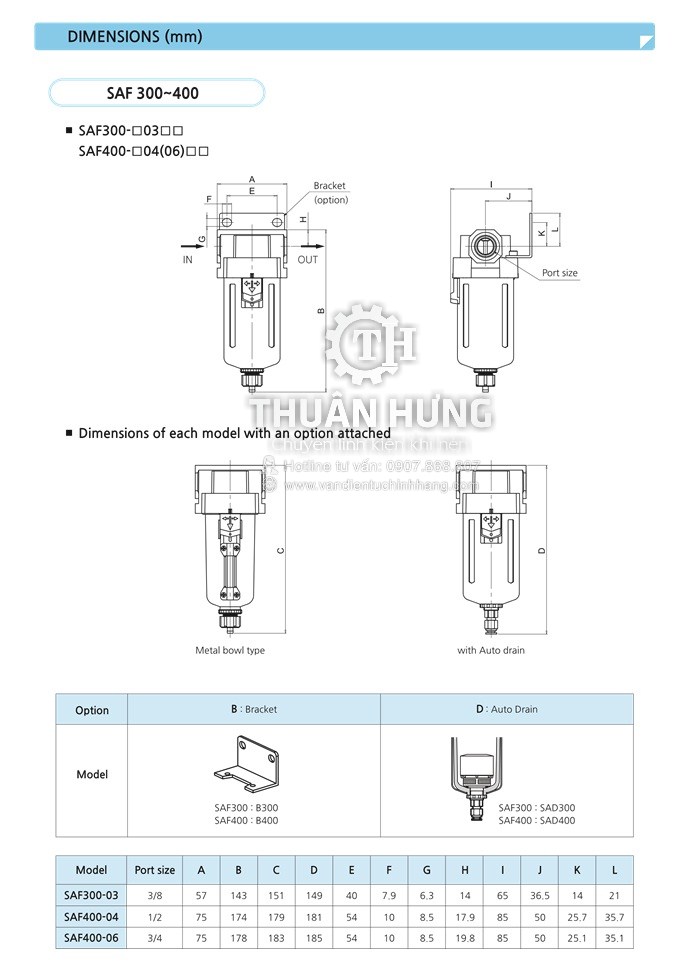 Thông số kỹ thuật và kích thước của bộ lọc khí nén SAF4000-04