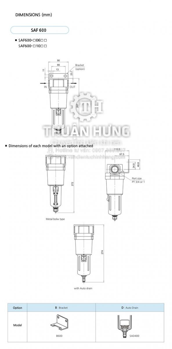 Thông số kỹ thuật và kích thước của bộ lọc khí nén SAF6000