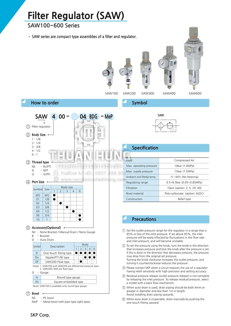 Thông số kỹ thuật của bộ lọc khí nén đơn SKP SAW2000-02