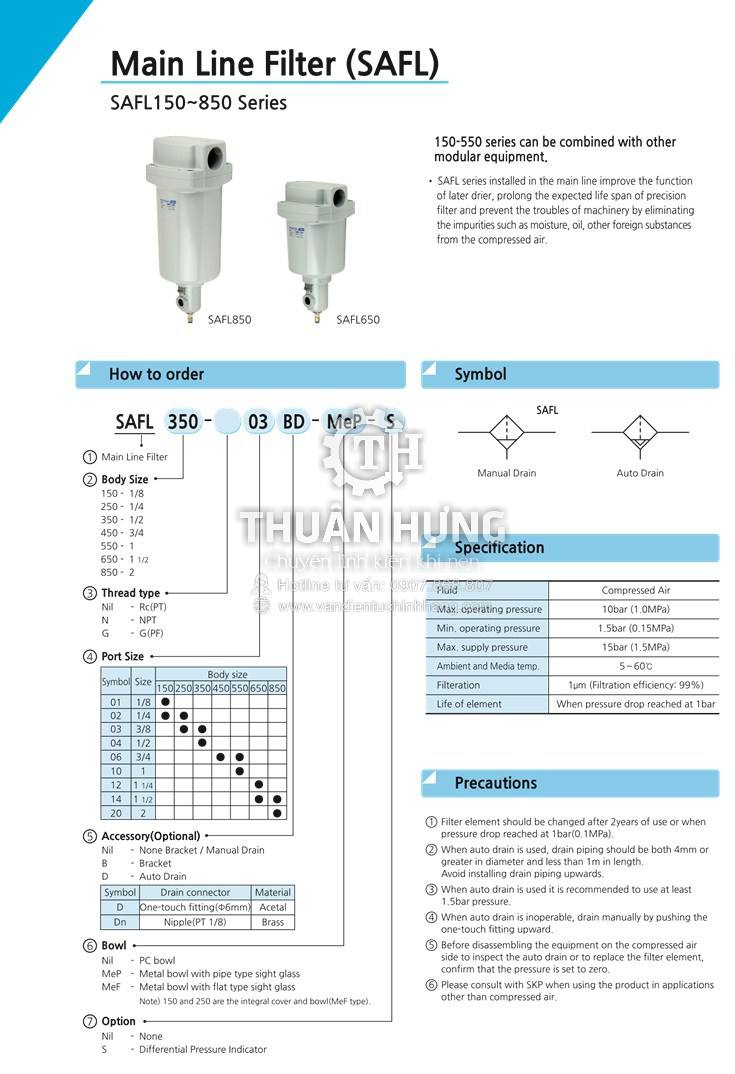 Thông số kỹ thuật của bộ lọc khí nén SKP SAFL850-20BD