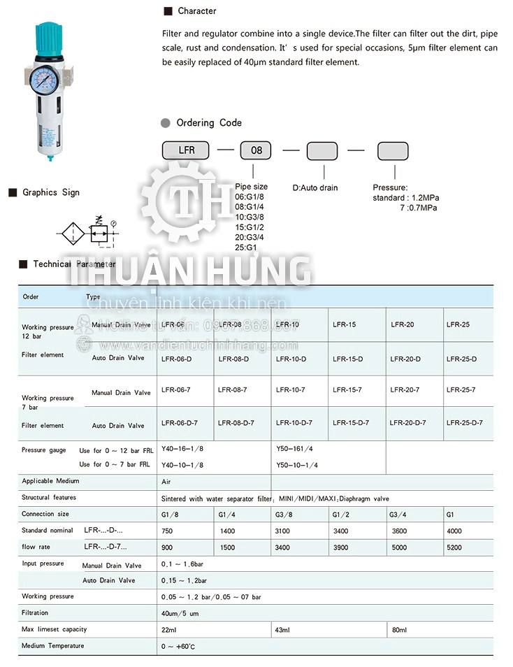 Thông số kỹ thuật và tính năng của bộ lọc khí nén STNC LFR-08-D