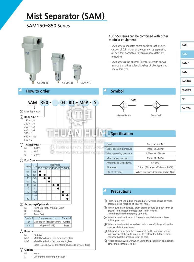 Thông số kỹ thuật của bộ lọc tinh khí nén SKP SAM450-06BD