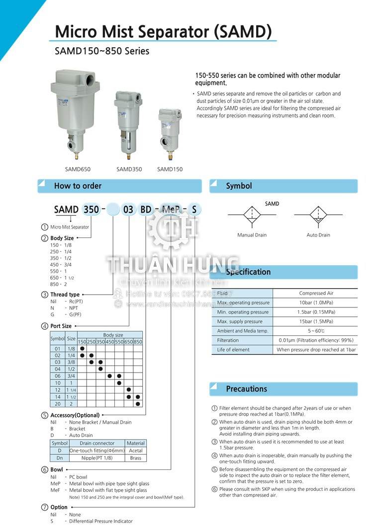 Thông số kỹ thuật của bộ lọc tinh khí nén SKP SAMD450-06BD