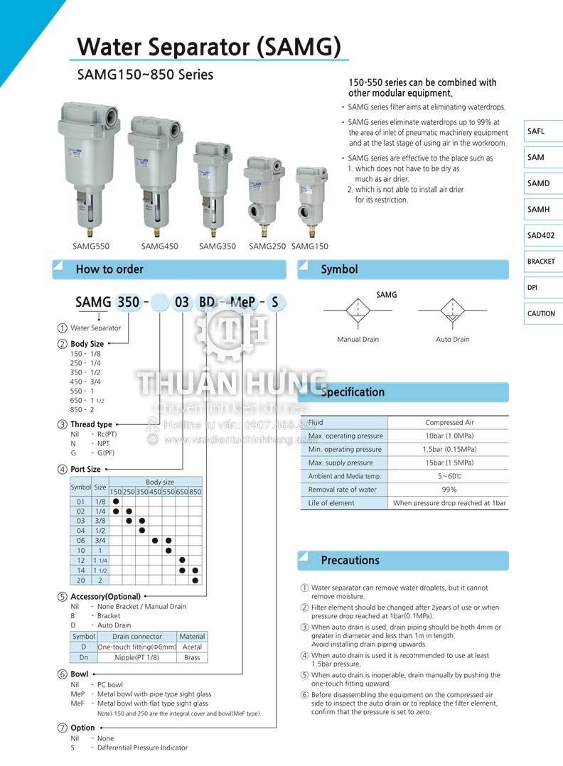 Thông số kỹ thuật của lọc tách nước khí nén SKP SAMG850-20BD