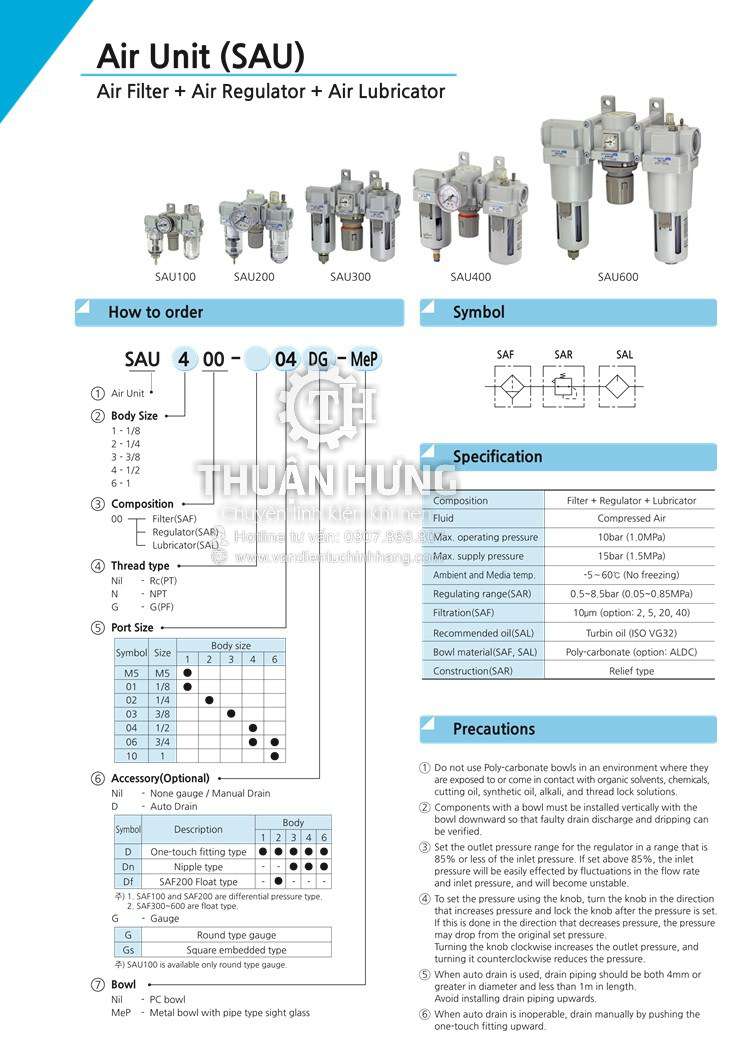 Thông số kỹ thuật và tính năng của bộ lọc ba khí nén SKP SAU2000
