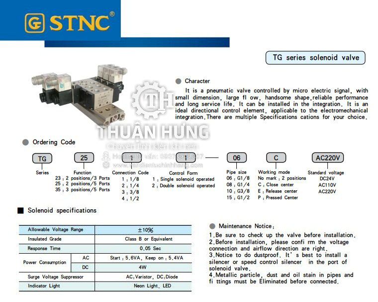 Thông số tính năng của van điện từ khí nén 3/2 STNC TG2321-08