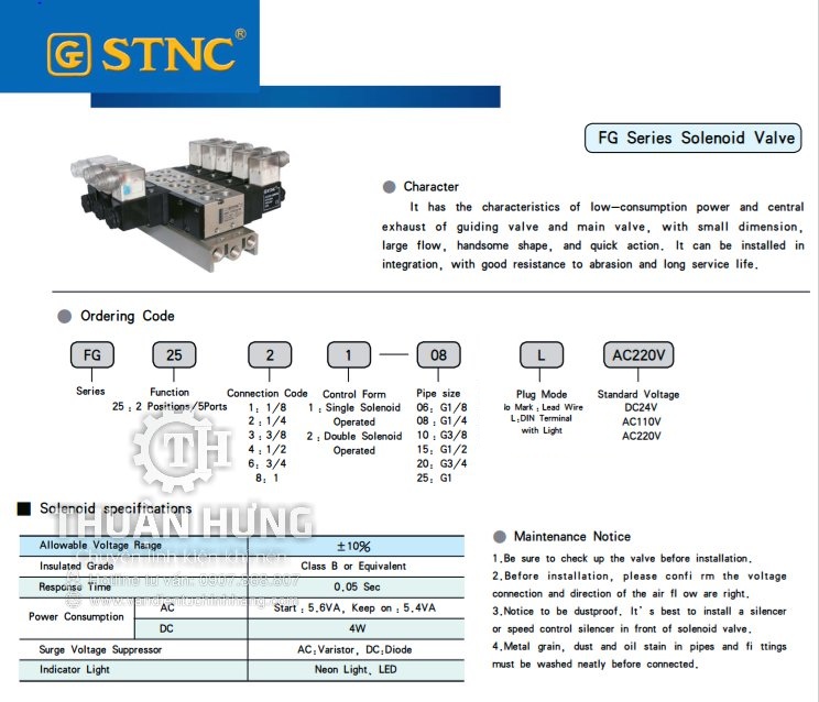 Thông số tính năng của van solenoid 5/2 STNC FG2541-15L