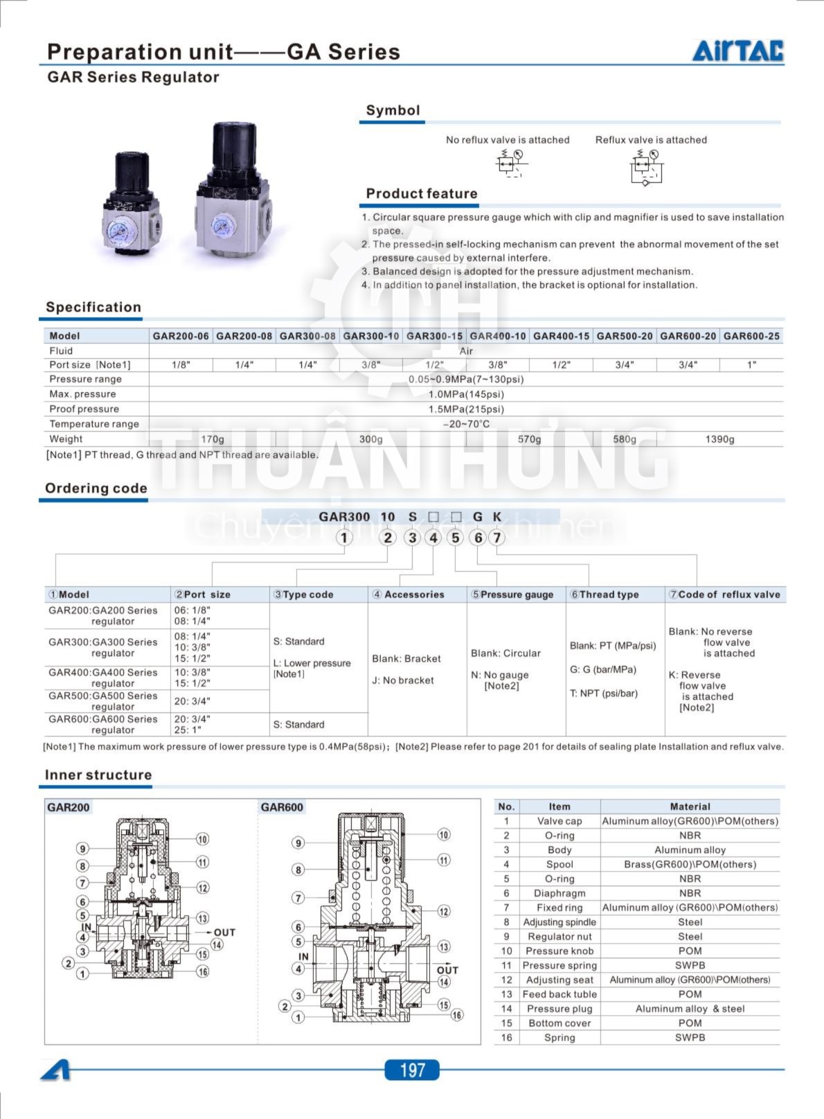 Thông số kỹ thuật và tính năng van điều áp khí nén AIRTAC GAR200-GAR300-GAR400-GAR600