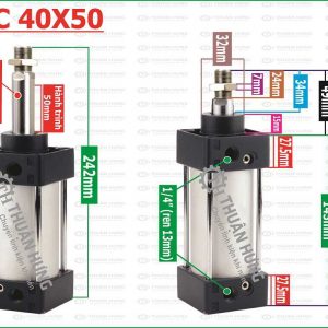 Thông số kích thước ben hơi đế vuông khí nén Airtac SC40x50