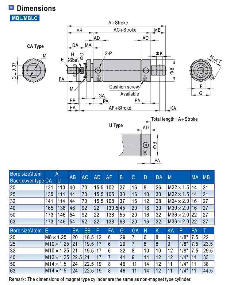 Kích thước và cấu tạo của xi lanh khí nén AIRTAC MBL20 – MBL25 – MBL32 – MBL40 – MBL50 – MBL63