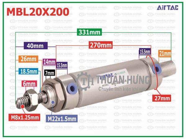 Thông số kích thước xi lanh khí nén AIRTAC MBL20x200