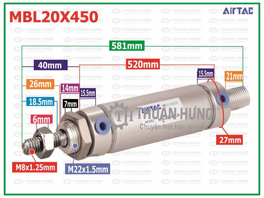 Thông số kích thước xi lanh khí nén AIRTAC MBL20x450