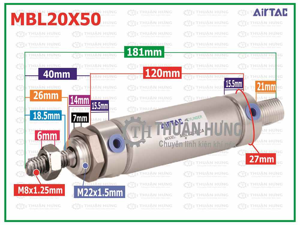 Thông số kích thước xi lanh khí nén AIRTAC MBL20x50