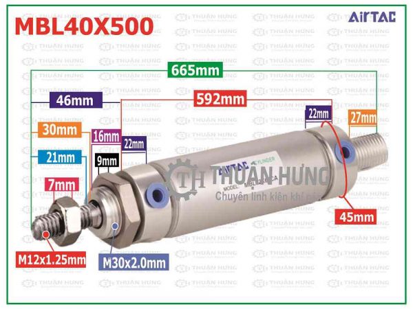Thông số kích thước xi lanh khí nén AIRTAC MBL40x500