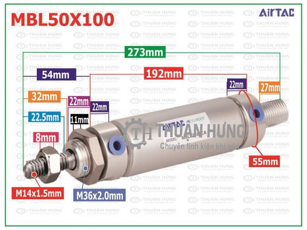 Thông số kích thước xi lanh khí nén AIRTAC MBL50x100