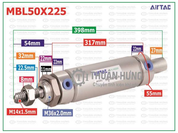 Thông số kích thước xi lanh khí nén AIRTAC MBL50x225