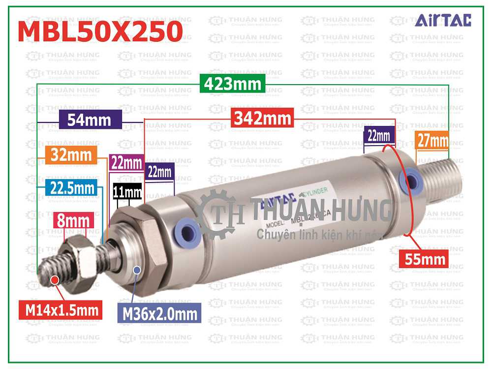 Thông số kích thước xi lanh khí nén AIRTAC MBL50x250