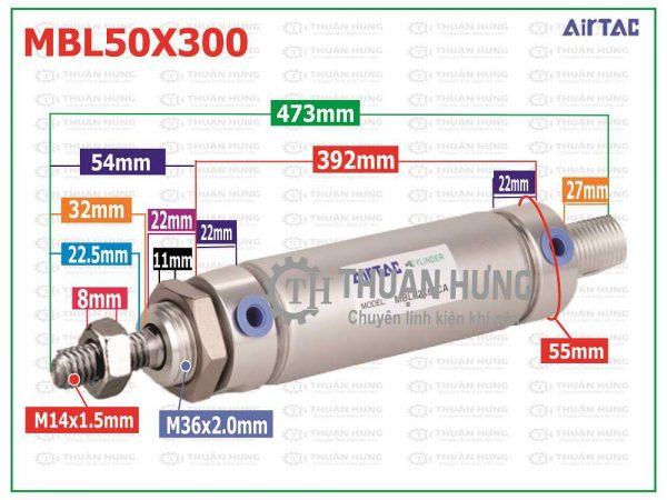 Thông số kích thước xi lanh khí nén AIRTAC MBL50x300