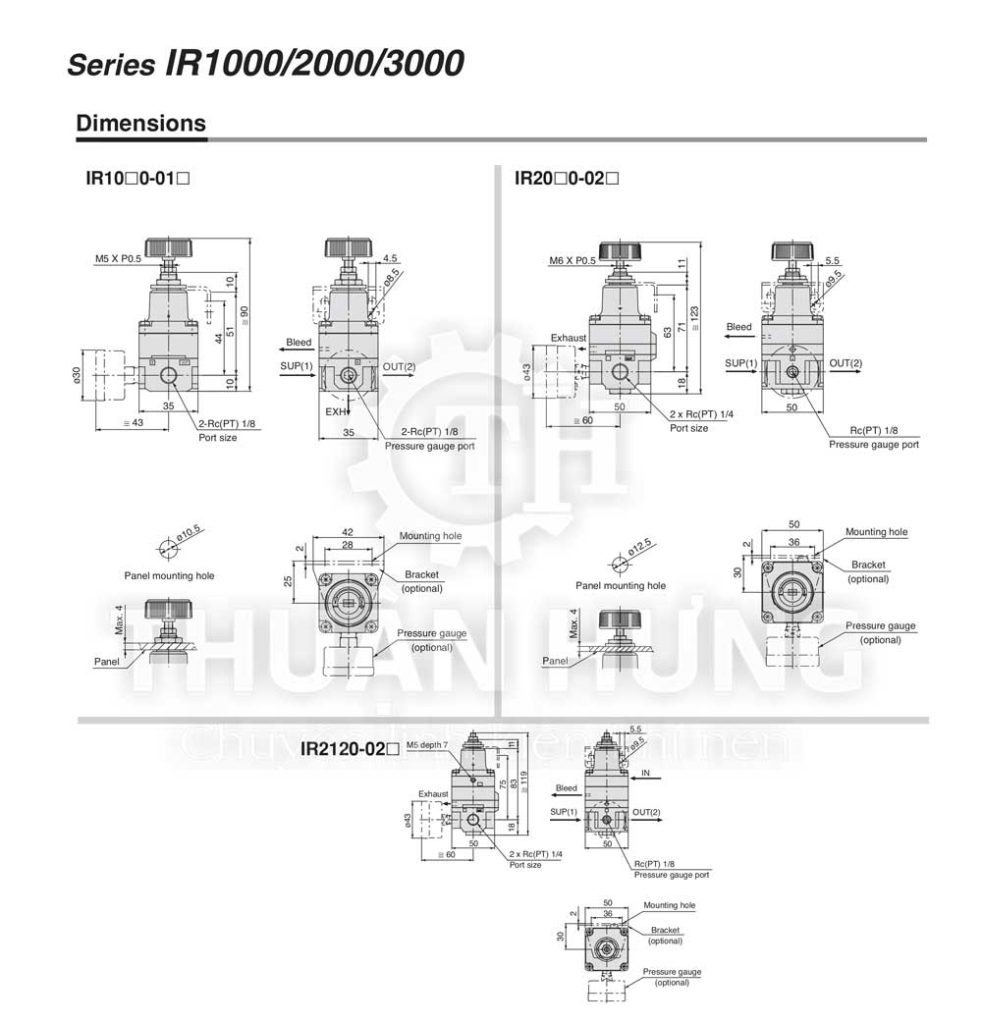 Catalogue kích thước van điều áp khí nén SMC IR2000 - IR2010 - IR2020