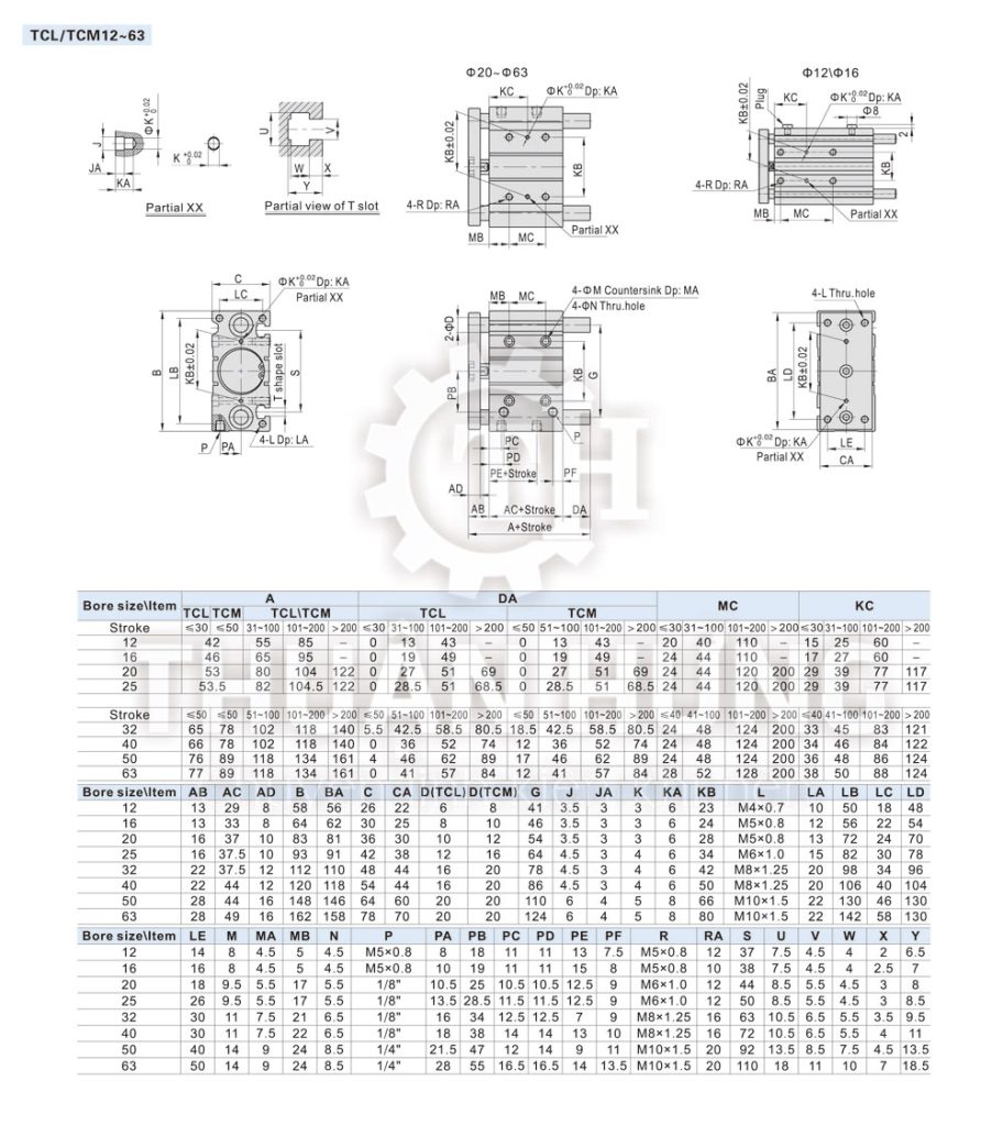 Catalogue kích thước của xi lanh khí nén AIRTAC TCL/TCM 12, 16, 20, 25, 32, 40, 50, 63