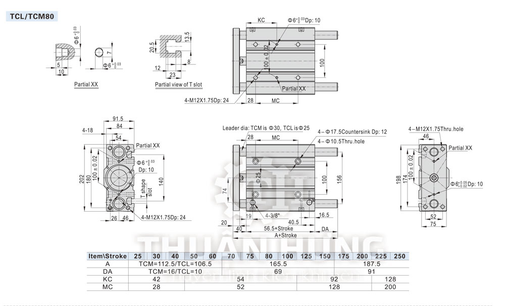 Catalogue kích thước của xi lanh khí nén AIRTAC TCM80, TCL80