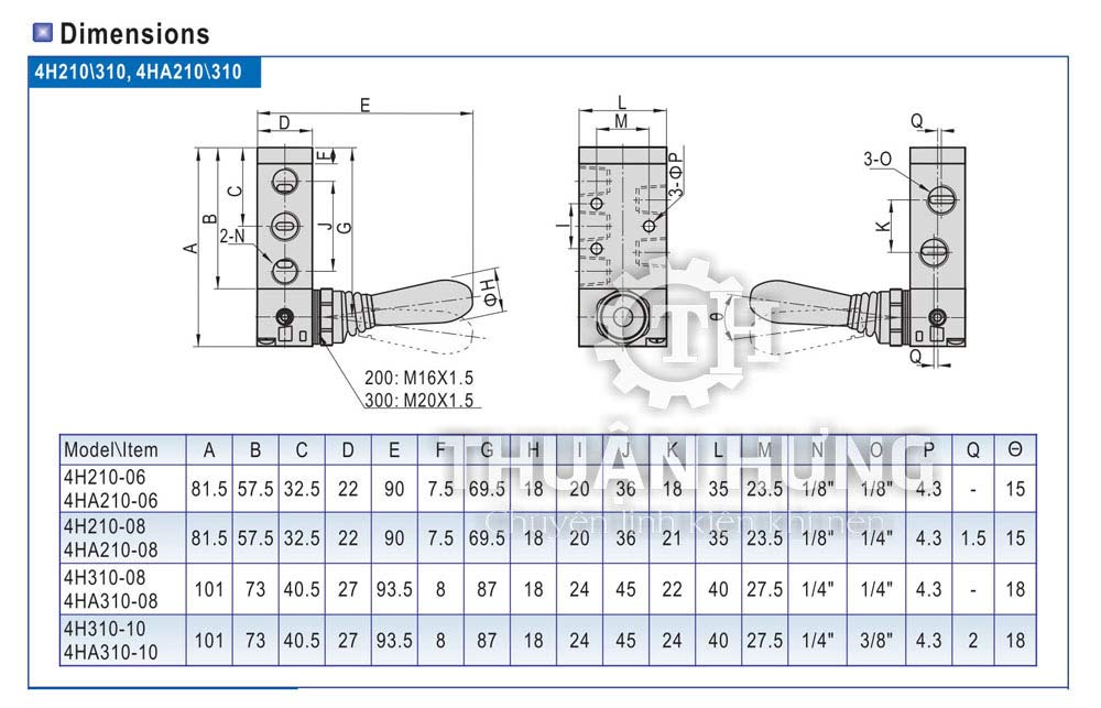 Catalogue kích thước của van gạt khí nén Airtac 4H210 - 4H310