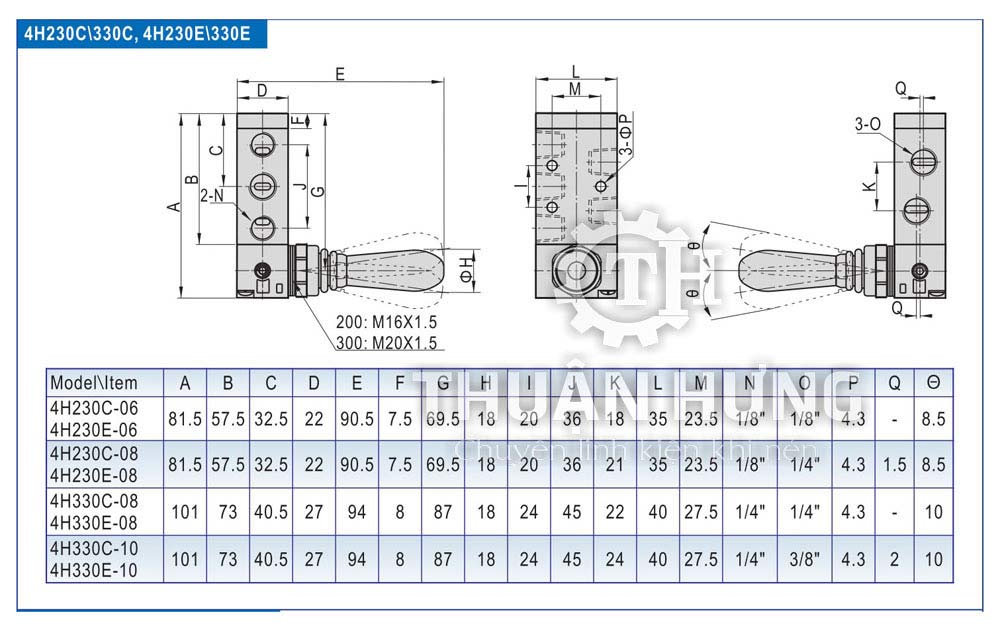 Catalogue kích thước của van gạt khí nén Airtac 4H230C - 4H330C