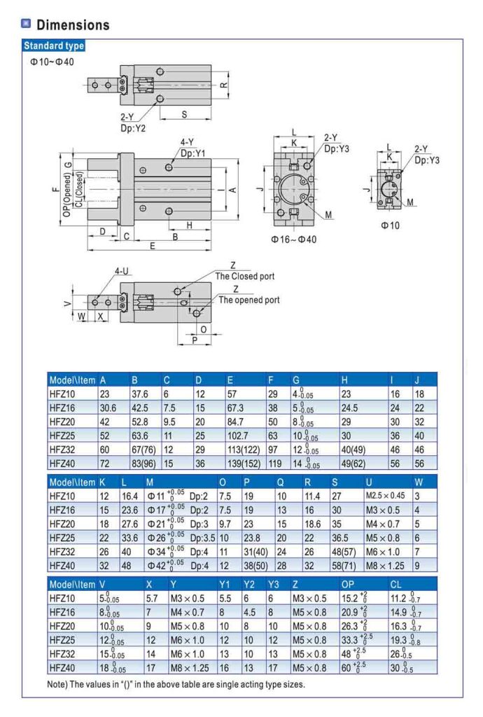 Kích thước của xi lanh kẹp khí nén Airtac HFZ10, HFZ16, HFZ20, HFZ25, HFZ32, HFZ40