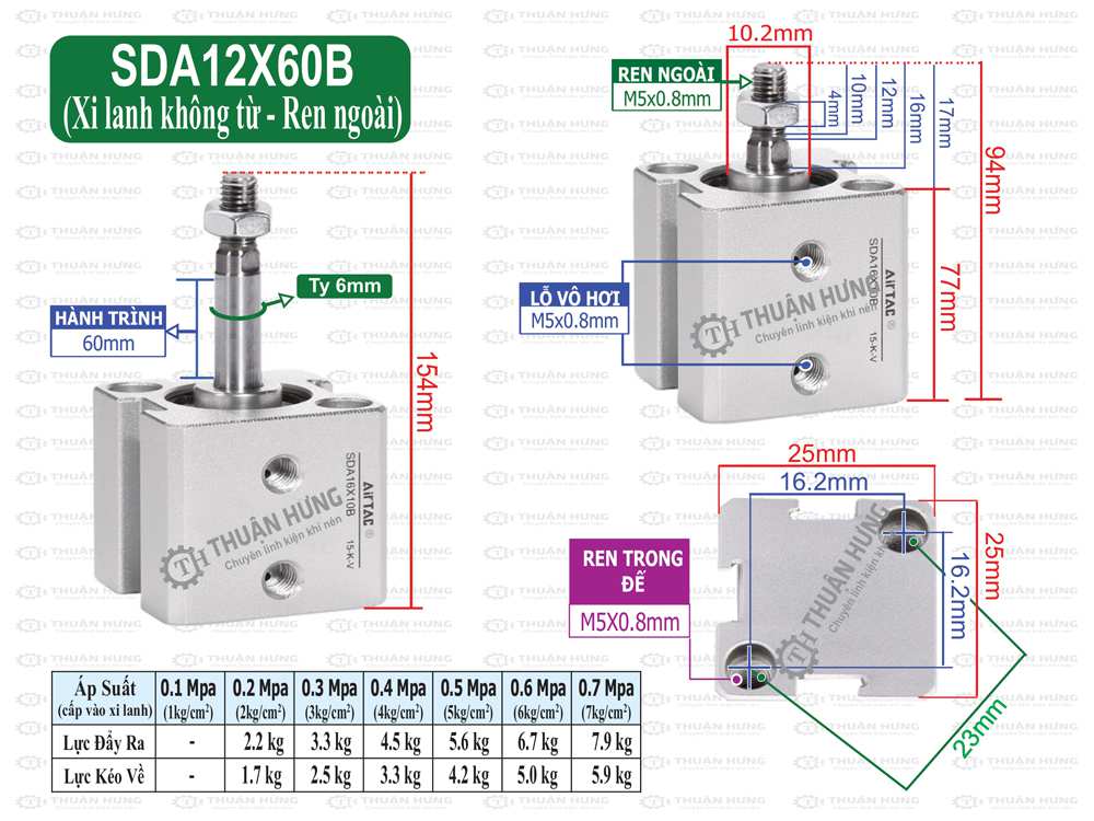 Kích thước xi lanh compact Airtac SDA12X60B