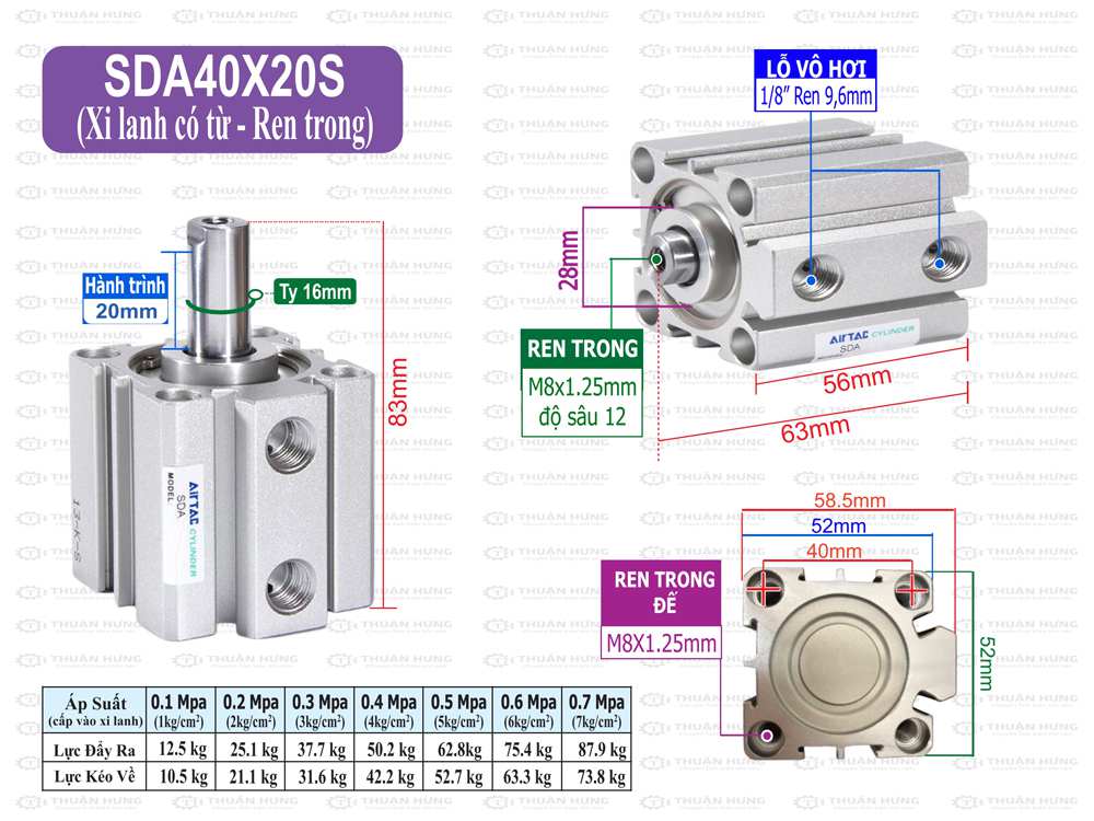 Kích thước và lực đẩy, kéo xi lanh compact Airtac SDA40X20S