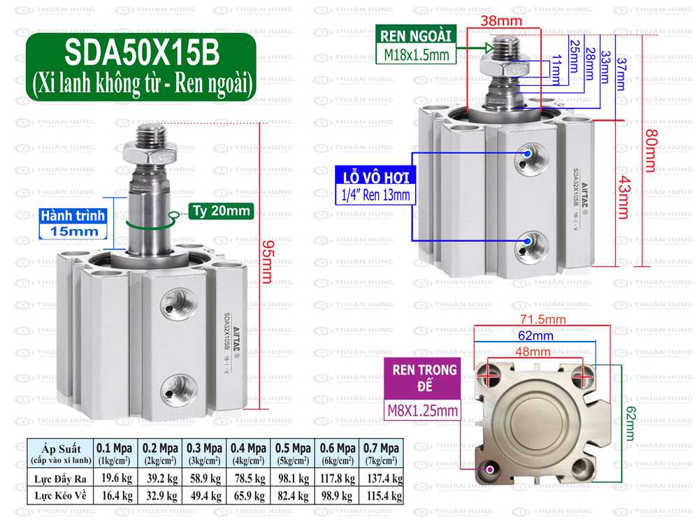 Kích thước và lực đẩy, kéo xi lanh compact Airtac SDA50X15B