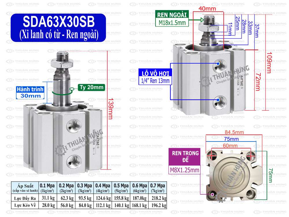 Kích thước và lực đẩy, kéo xi lanh compact Airtac SDA63X30SB
