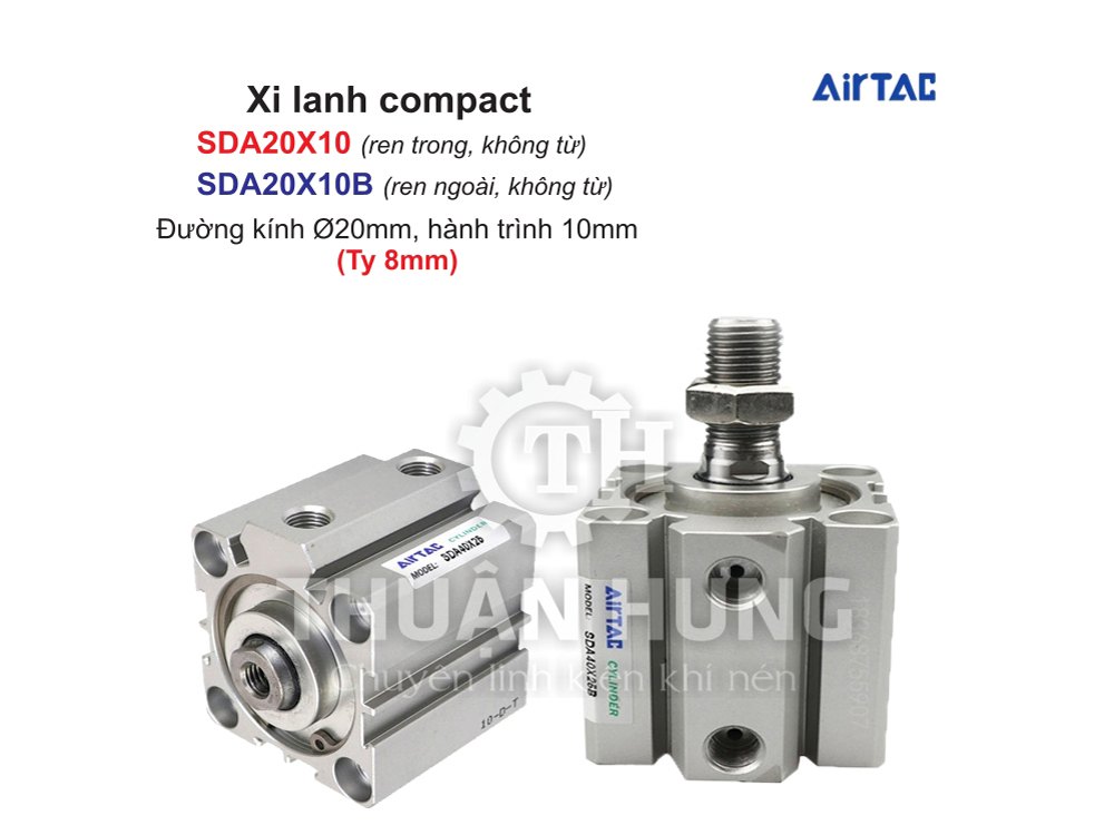 Xi Lanh Compact Airtac SDA20X10 Và SDA20X10B (Loại Không Từ) Ren Trong, Ren Ngoài