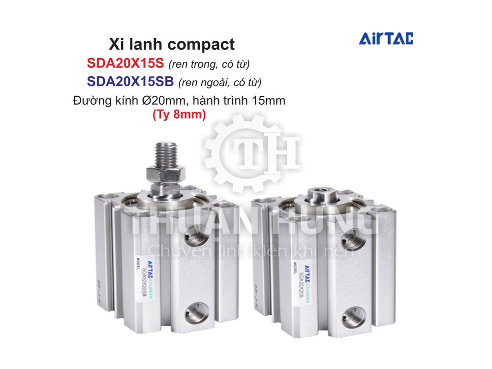 Xi Lanh Compact Airtac SDA20X15S Và SDA20X15SB (Loại Có Từ) Ren Trong, Ren Ngoài