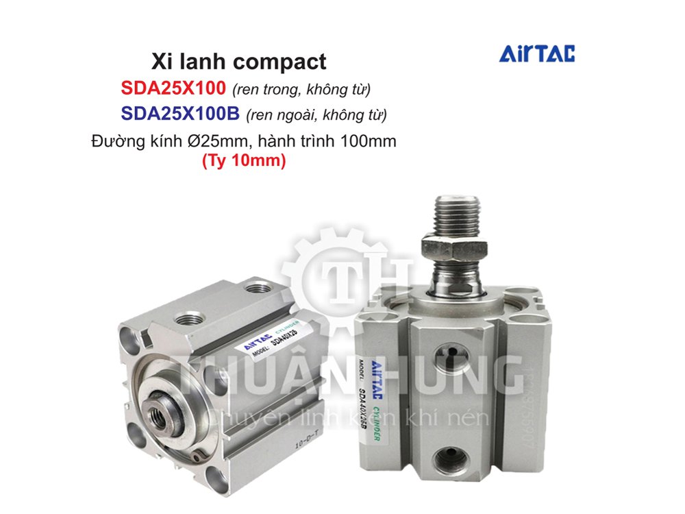 Xi Lanh Compact Airtac SDA25X100 Và SDA25X100B (Loại Không Từ) Ren Trong, Ren Ngoài