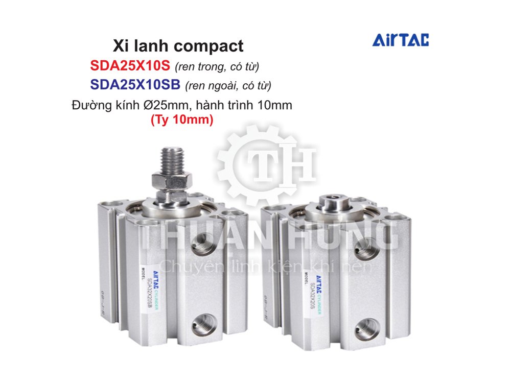 Xi Lanh Compact Airtac SDA25X10S Và SDA25X10SB (Loại Có Từ) Ren Trong, Ren Ngoài