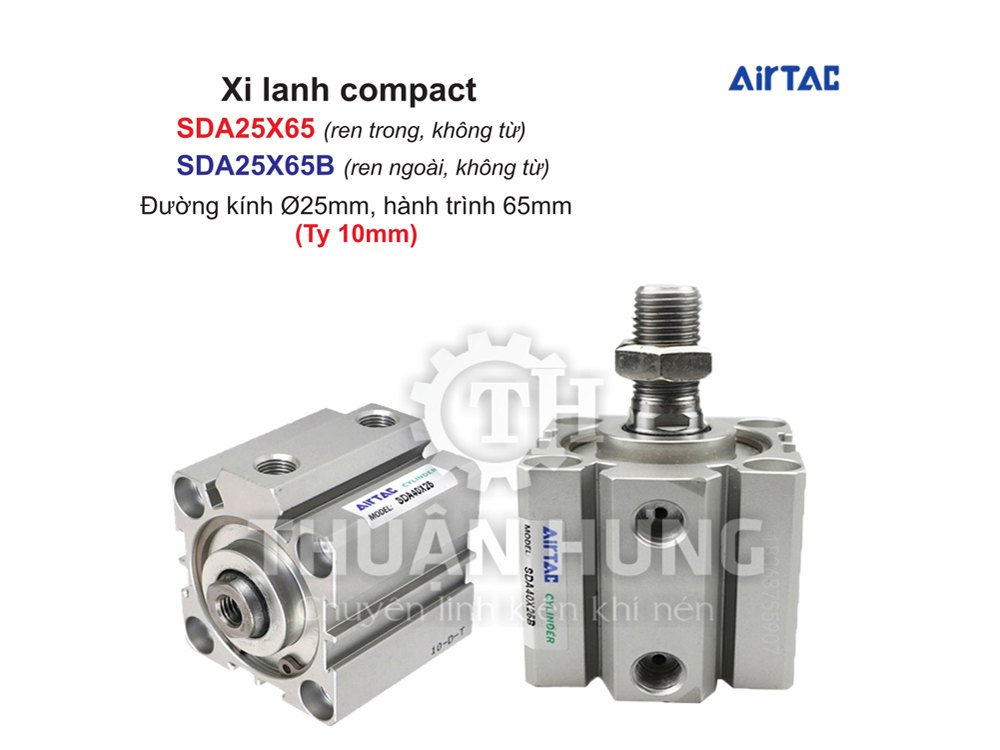 Xi Lanh Compact Airtac SDA25X65 Và SDA25X65B (Loại Không Từ) Ren Trong, Ren Ngoài
