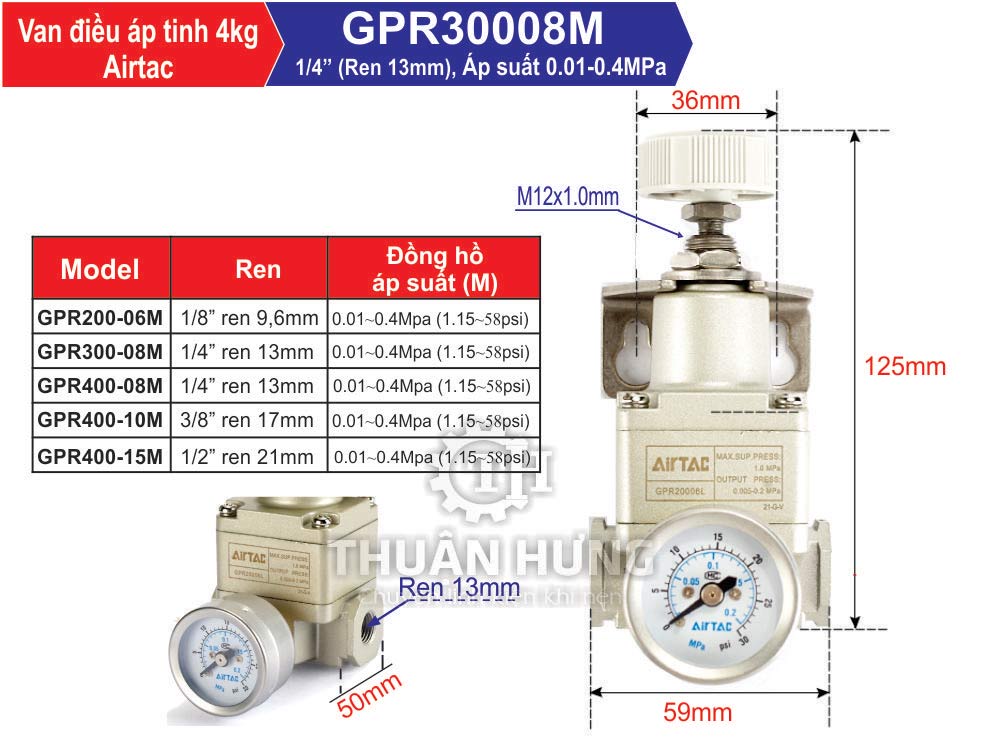 Kích thước của van điều áp tinh khí nén AIRTAC GPR30008M