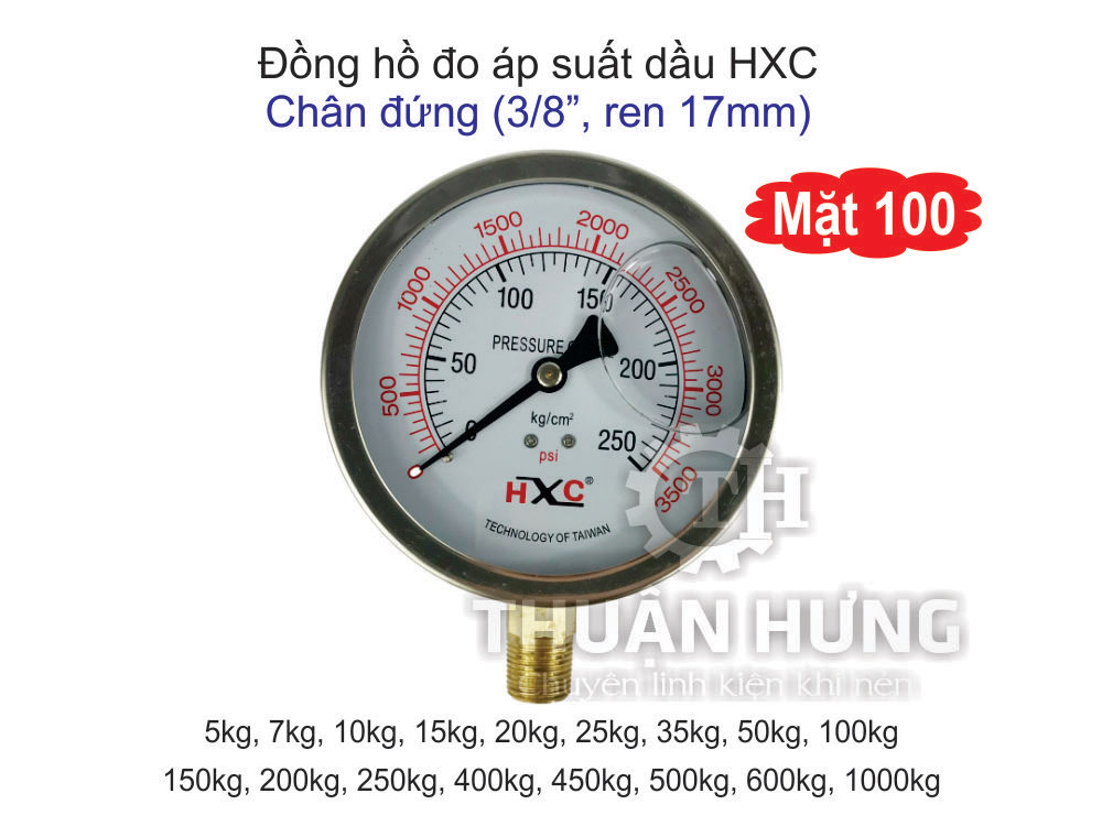 Đồng Hồ Đo Áp Suất Có Dầu Mặt 100 – 250Kg HXC (Chân Đứng Ren 17mm)