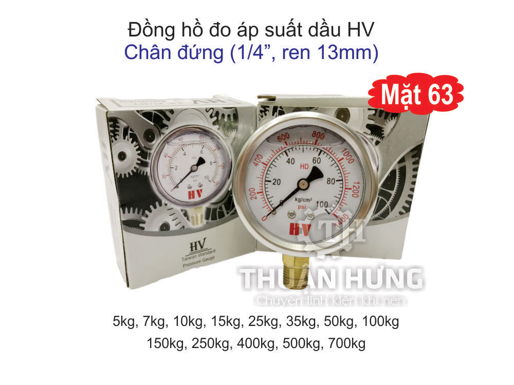 Đồng hồ đo áp suất dầu HV mặt 63, chân đứng ren 13mm