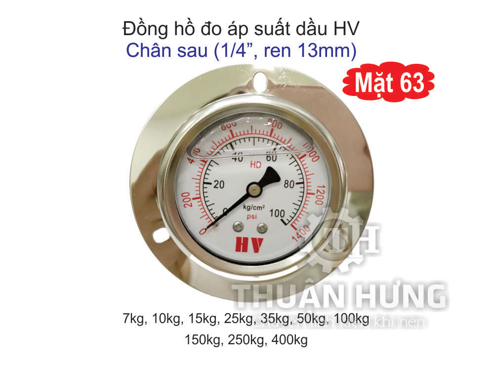 Đồng hồ đo áp suất dầu HV mặt 63, chân sau ren 13mm