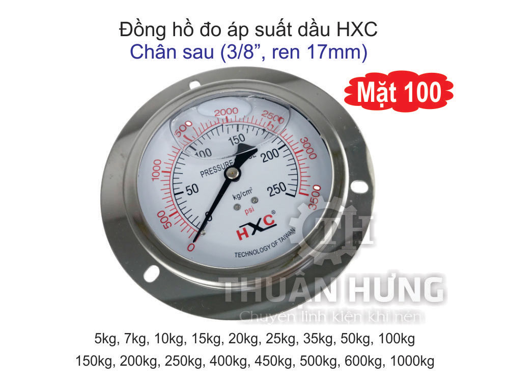 Đồng hồ đo áp suất có dầu HXC mặt 100, chân sau ren 17mm