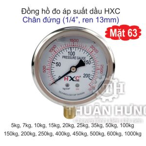 Đồng hồ đo áp suất có dầu HXC mặt 63, chân đứng ren 13mm