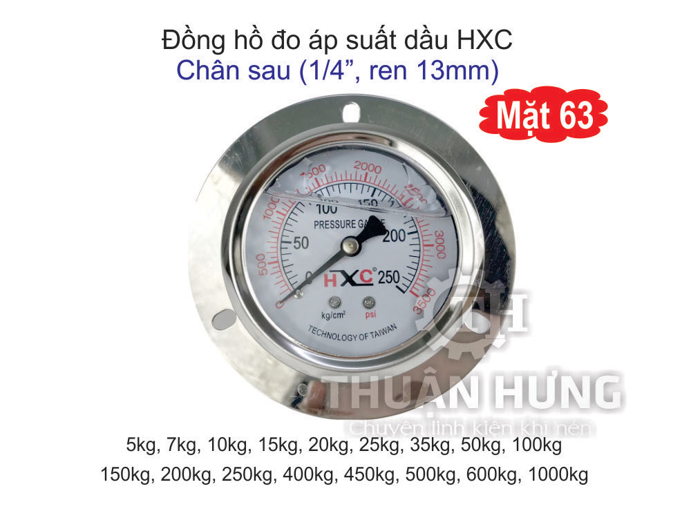Đồng Hồ Đo Áp Suất Có Dầu Mặt 63 – 25Kg HXC (Chân Sau Có Vành Ren 13mm)